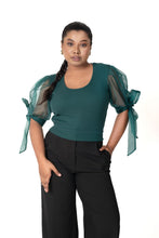 Load image into Gallery viewer, Round neck Blouses with Bow Tied-up Sleeves - Dark Green - Blouse featured