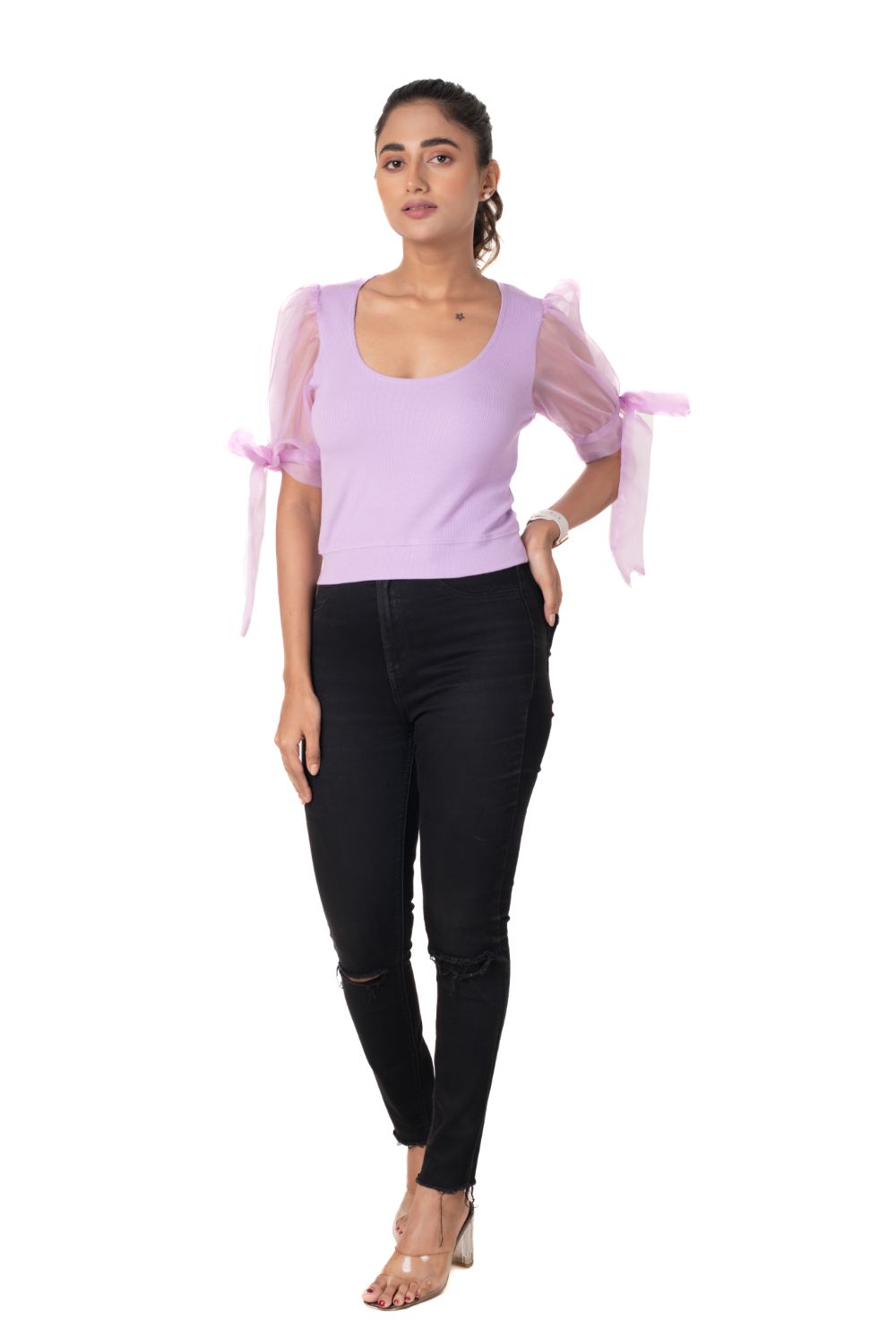 Round neck Blouses with Bow Tied-up Sleeves- Plus Size - Lavender - Blouse featured