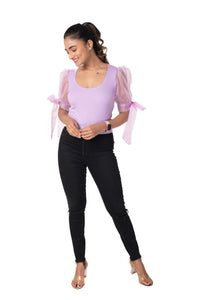 Round neck Blouses with Bow Tied-up Sleeves- Plus Size - Lavender - Blouse featured