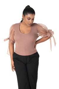Round neck Blouses with Bow Tied-up Sleeves- Plus Size - Light Brown - Blouse featured