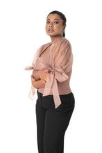 Load image into Gallery viewer, Round neck Blouses with Bow Tied-up Sleeves- Plus Size - Light Brown - Blouse featured