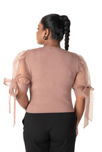 Load image into Gallery viewer, Round neck Blouses with Bow Tied-up Sleeves- Plus Size - Light Brown - Blouse featured