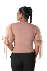 Round neck Blouses with Bow Tied-up Sleeves - Light Brown - Blouse featured