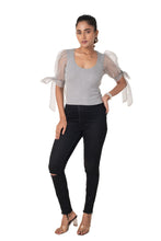 Load image into Gallery viewer, Round neck Blouses with Bow Tied-up Sleeves- Plus Size - Light Grey - Blouse featured