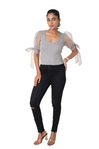 Round neck Blouses with Bow Tied-up Sleeves- Plus Size - Light Grey - Blouse featured