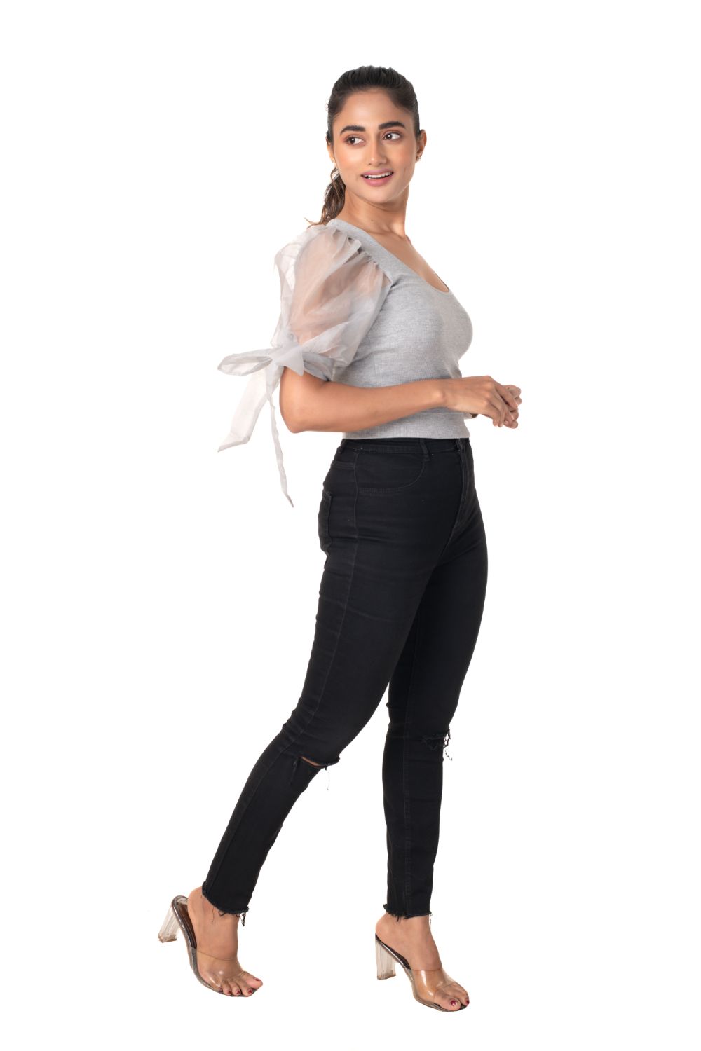 Round neck Blouses with Bow Tied-up Sleeves- Plus Size - Light Grey - Blouse featured