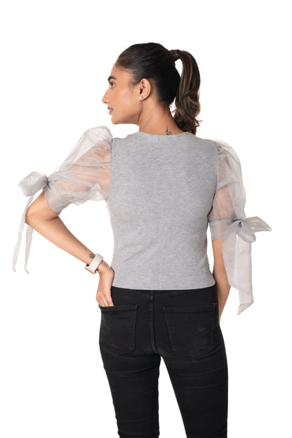 Round neck Blouses with Bow Tied-up Sleeves- Plus Size - Light Grey - Blouse featured