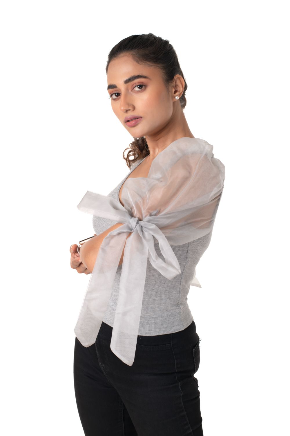 Round neck Blouses with Bow Tied-up Sleeves- Plus Size - Light Grey - Blouse featured