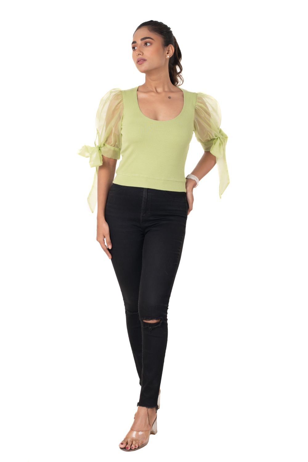Round neck Blouses with Bow Tied-up Sleeves- Plus Size - Lime Green - Blouse featured
