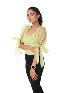 Round neck Blouses with Bow Tied-up Sleeves - Lime Green - Blouse featured