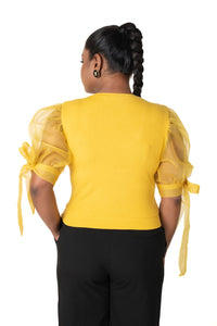 Round neck Blouses with Bow Tied-up Sleeves- Plus Size - Mango Yellow - Blouse featured
