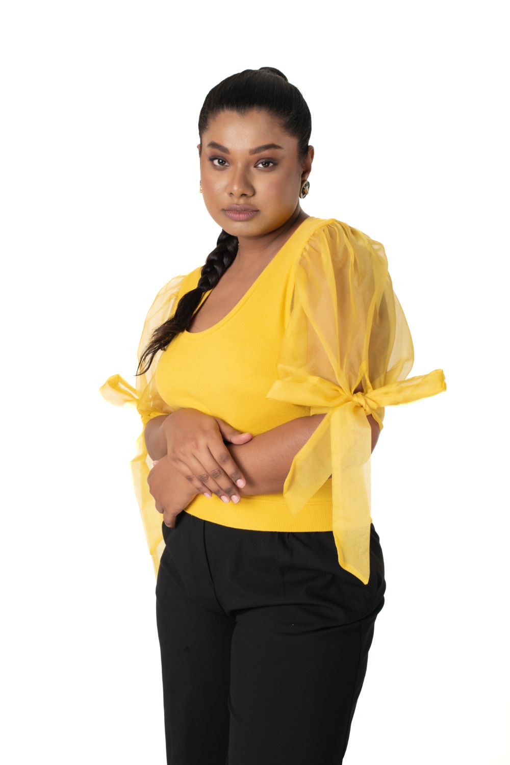 Round neck Blouses with Bow Tied-up Sleeves- Plus Size - Mango Yellow - Blouse featured
