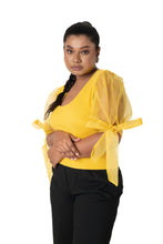 Load image into Gallery viewer, Round neck Blouses with Bow Tied-up Sleeves - Mango Yellow - Blouse featured
