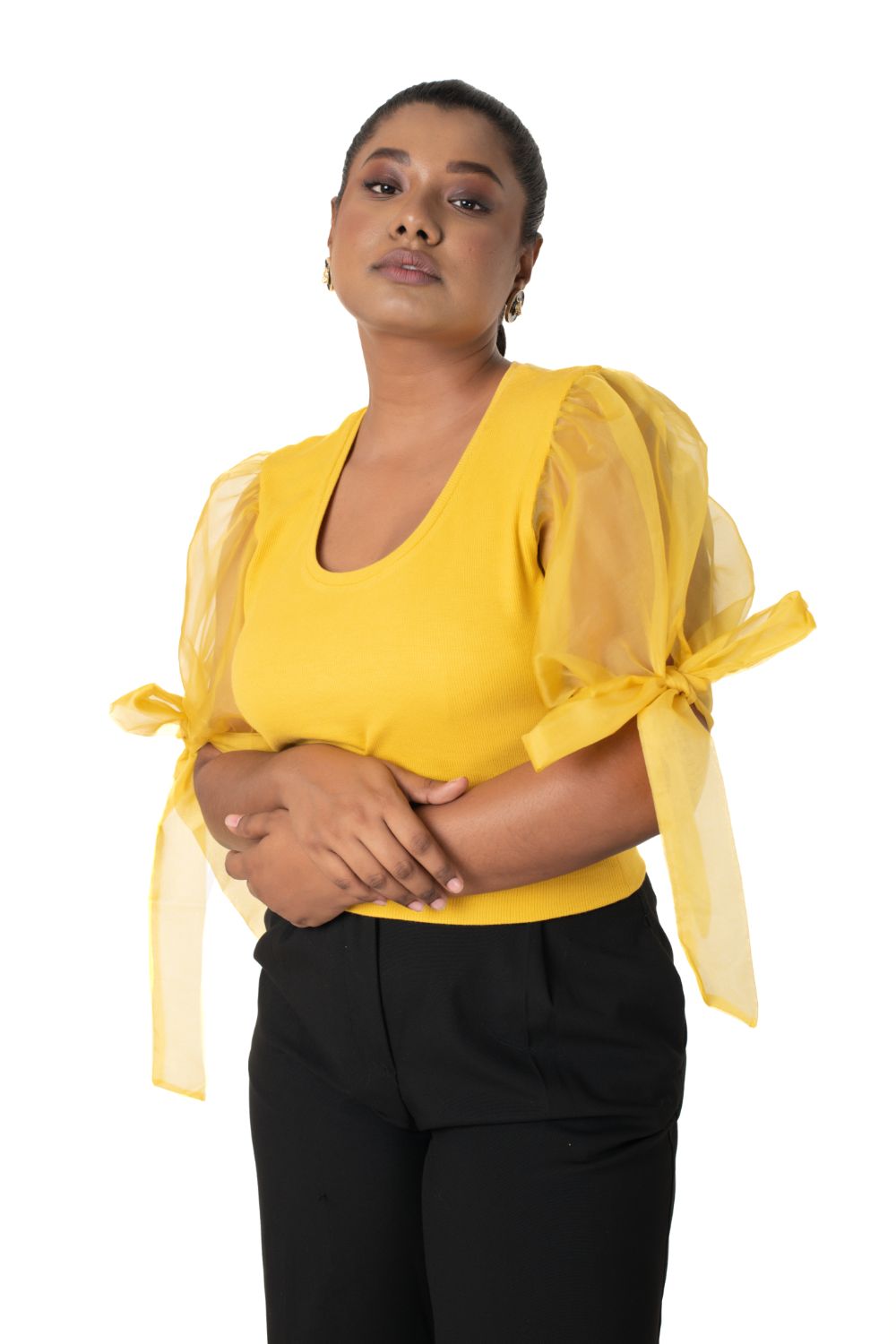 Round neck Blouses with Bow Tied-up Sleeves- Plus Size - Mango Yellow - Blouse featured
