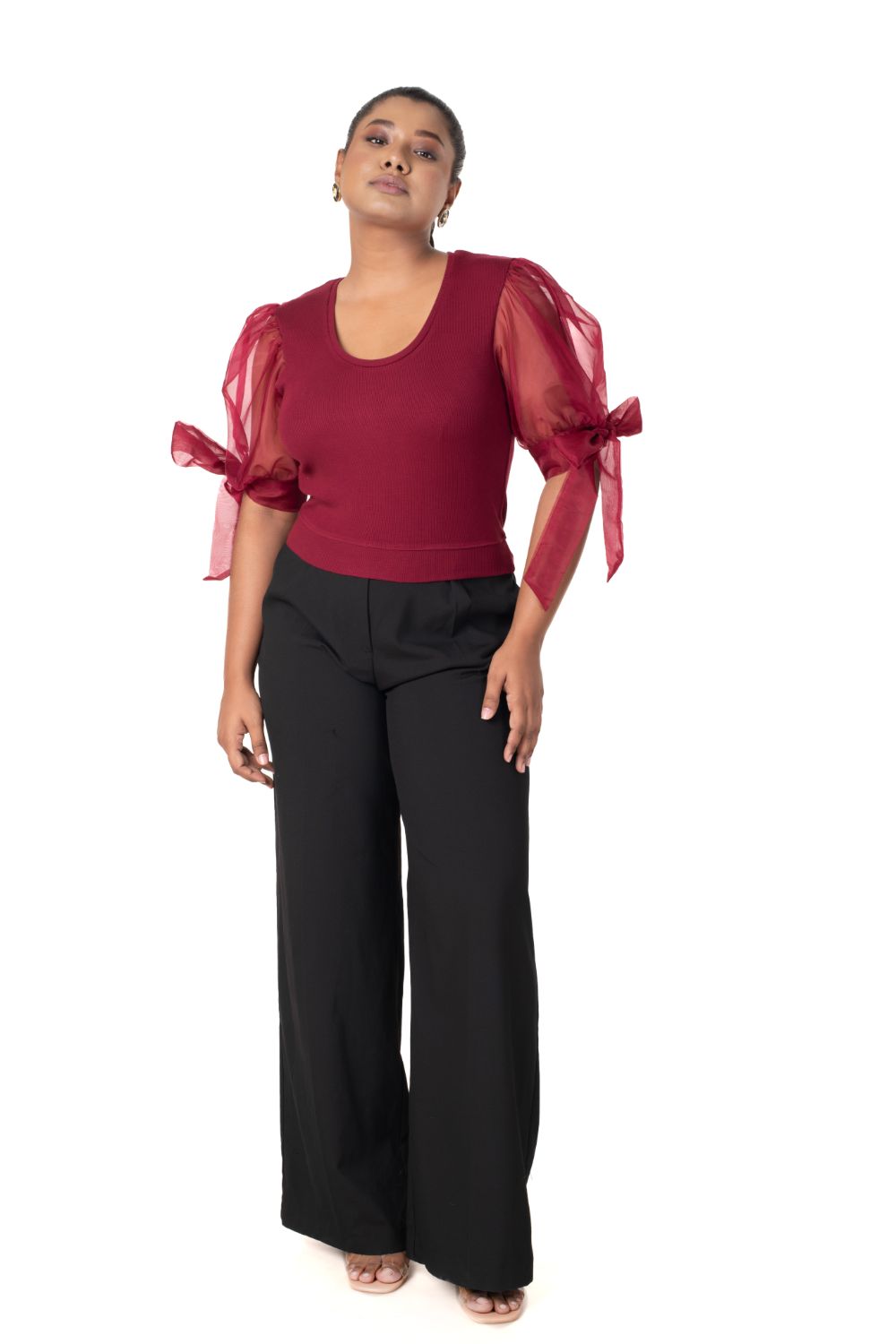 Round neck Blouses with Bow Tied-up Sleeves- Plus Size - Maroon - Blouse featured
