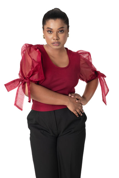 Round neck Blouses with Bow Tied-up Sleeves- Plus Size - Maroon - Blouse featured