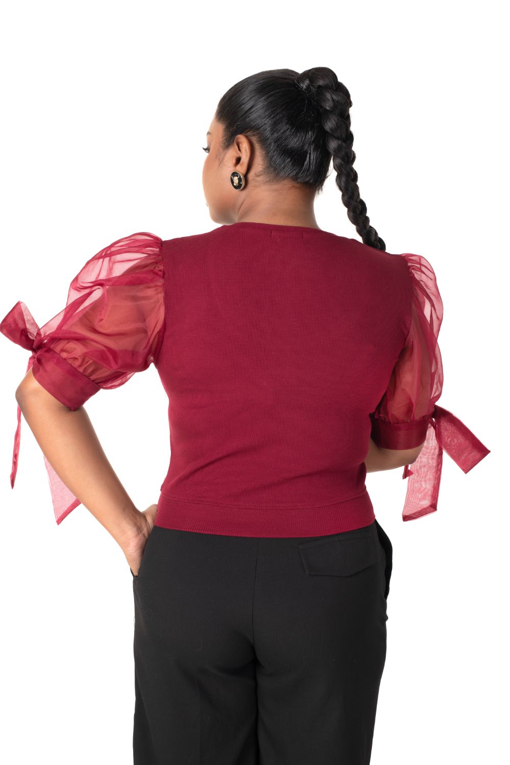 Round neck Blouses with Bow Tied-up Sleeves- Plus Size - Maroon - Blouse featured