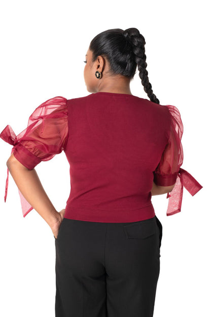 Round neck Blouses with Bow Tied-up Sleeves- Plus Size - Maroon - Blouse featured