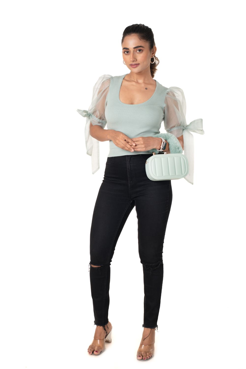 Round neck Blouses with Bow Tied-up Sleeves- Plus Size - Mint Green - Blouse featured