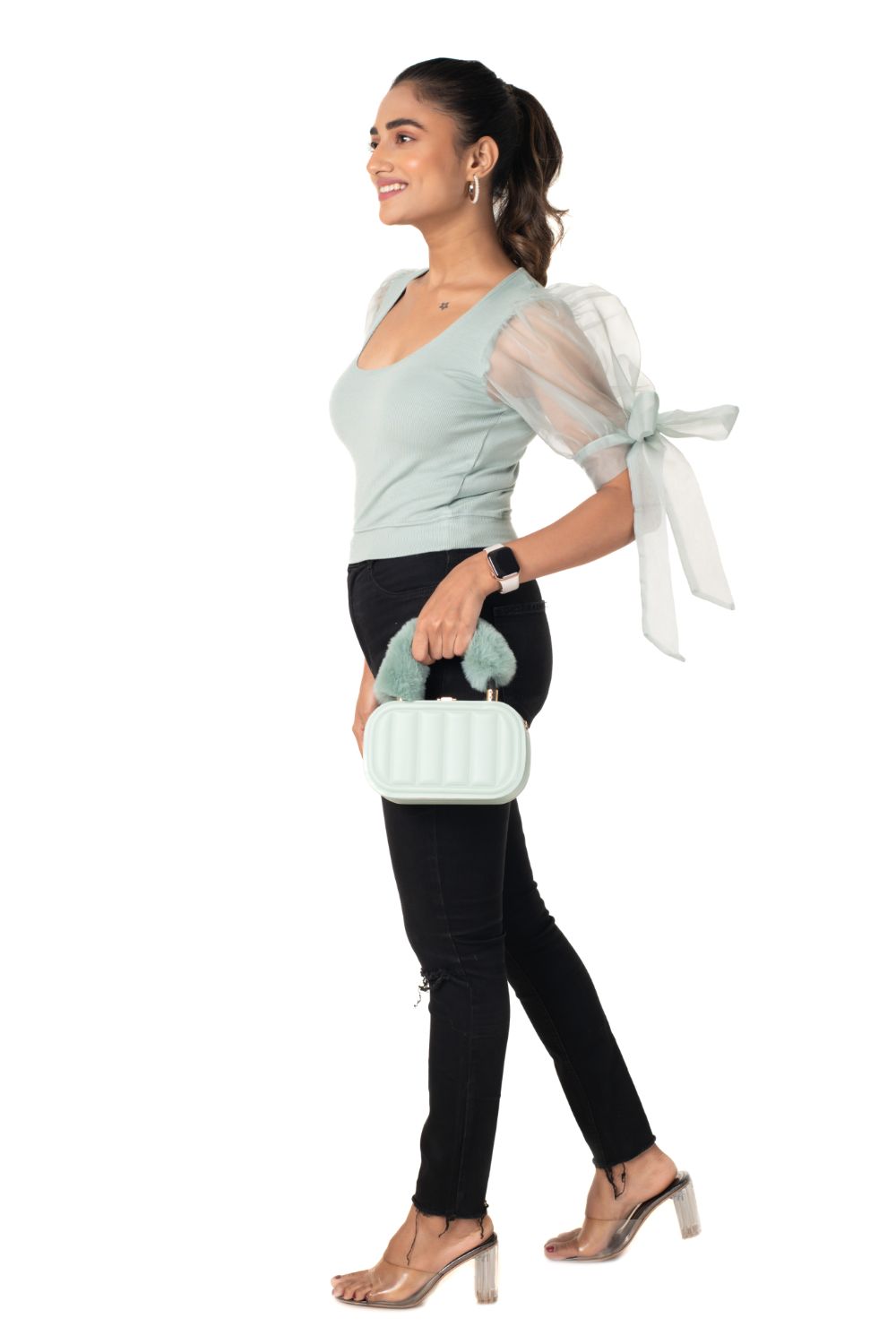 Round neck Blouses with Bow Tied-up Sleeves- Plus Size - Mint Green - Blouse featured