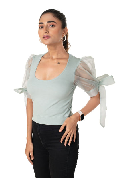 Round neck Blouses with Bow Tied-up Sleeves- Plus Size - Mint Green - Blouse featured