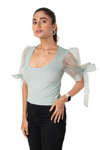 Load image into Gallery viewer, Round neck Blouses with Bow Tied-up Sleeves- Plus Size - Mint Green - Blouse featured