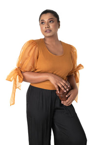 Round neck Blouses with Bow Tied-up Sleeves- Plus Size - Mustard - Blouse featured