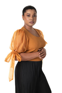 Round neck Blouses with Bow Tied-up Sleeves- Plus Size - Mustard - Blouse featured