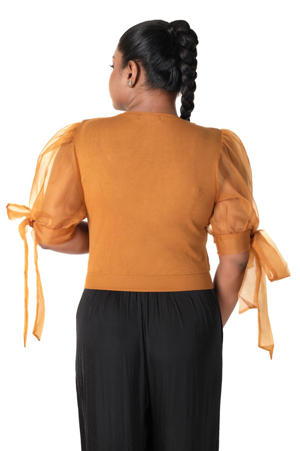 Round neck Blouses with Bow Tied-up Sleeves- Plus Size - Mustard - Blouse featured