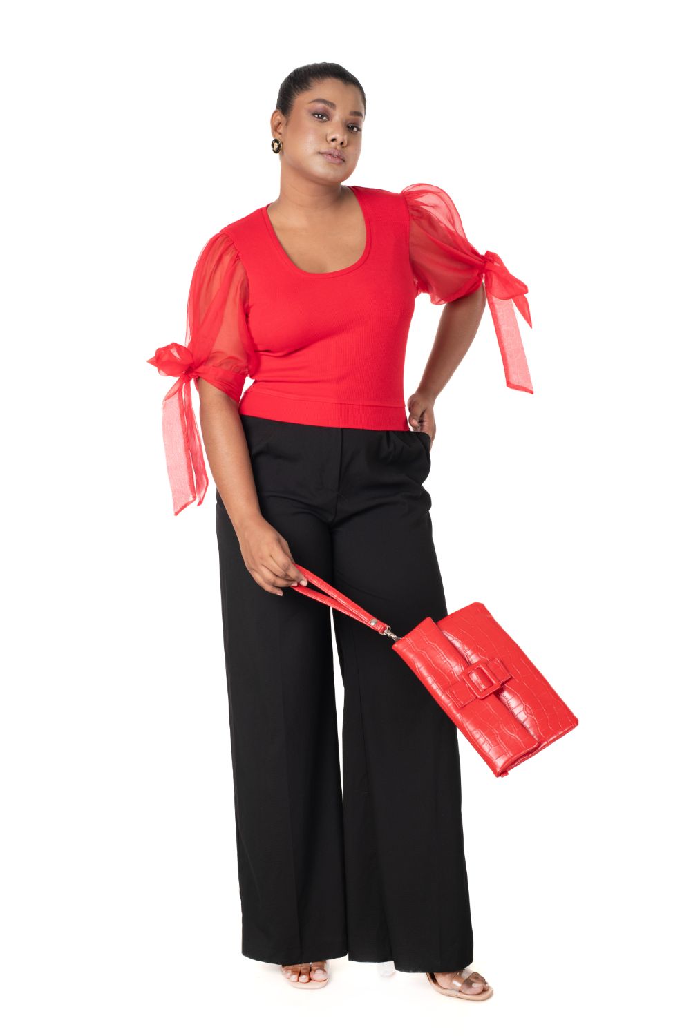 Round neck Blouses with Bow Tied-up Sleeves- Plus Size - Red - Blouse featured