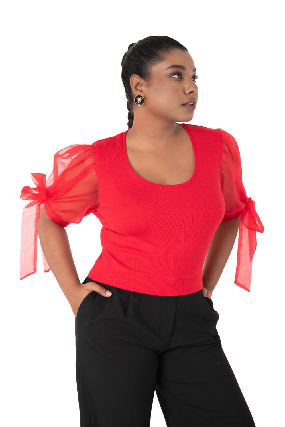 Round neck Blouses with Bow Tied-up Sleeves- Plus Size - Red - Blouse featured
