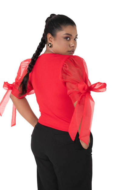 Round neck Blouses with Bow Tied-up Sleeves- Plus Size - Red - Blouse featured