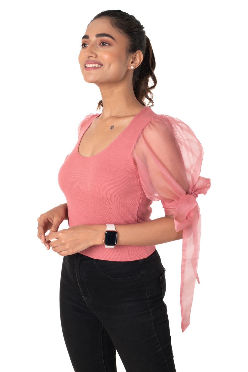 Round neck Blouses with Bow Tied-up Sleeves- Plus Size - Rose Pink - Blouse featured