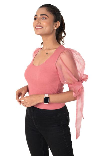 Round neck Blouses with Bow Tied-up Sleeves- Plus Size - Rose Pink - Blouse featured