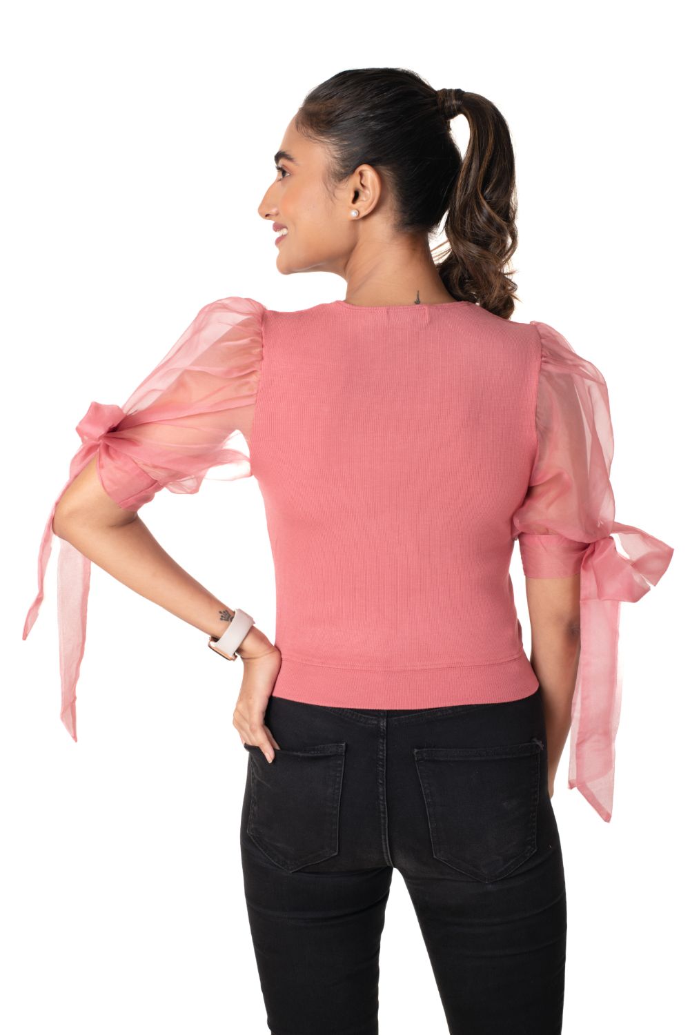 Round neck Blouses with Bow Tied-up Sleeves- Plus Size - Rose Pink - Blouse featured