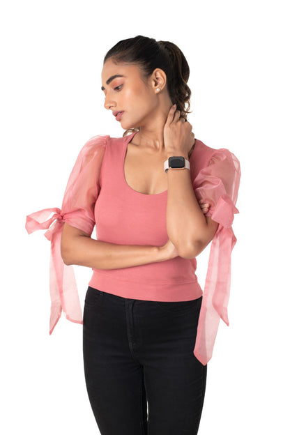 Round neck Blouses with Bow Tied-up Sleeves- Plus Size - Rose Pink - Blouse featured