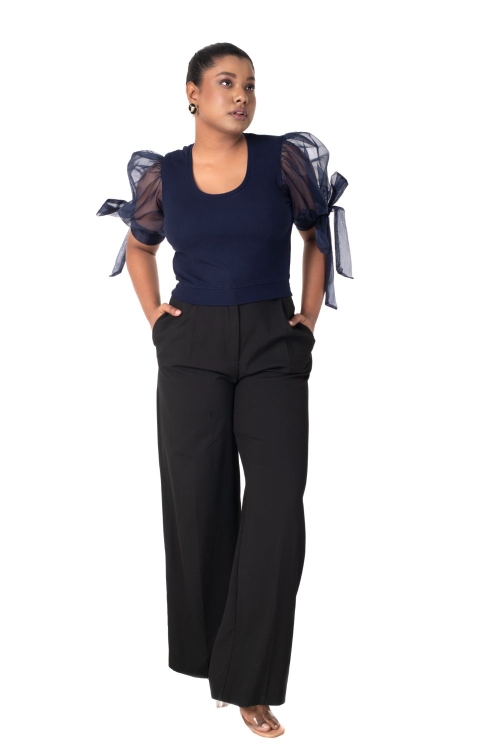 Round neck Blouses with Bow Tied-up Sleeves- Plus Size - Royal Blue - Blouse featured