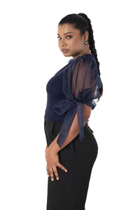 Round neck Blouses with Bow Tied-up Sleeves- Plus Size - Royal Blue - Blouse featured