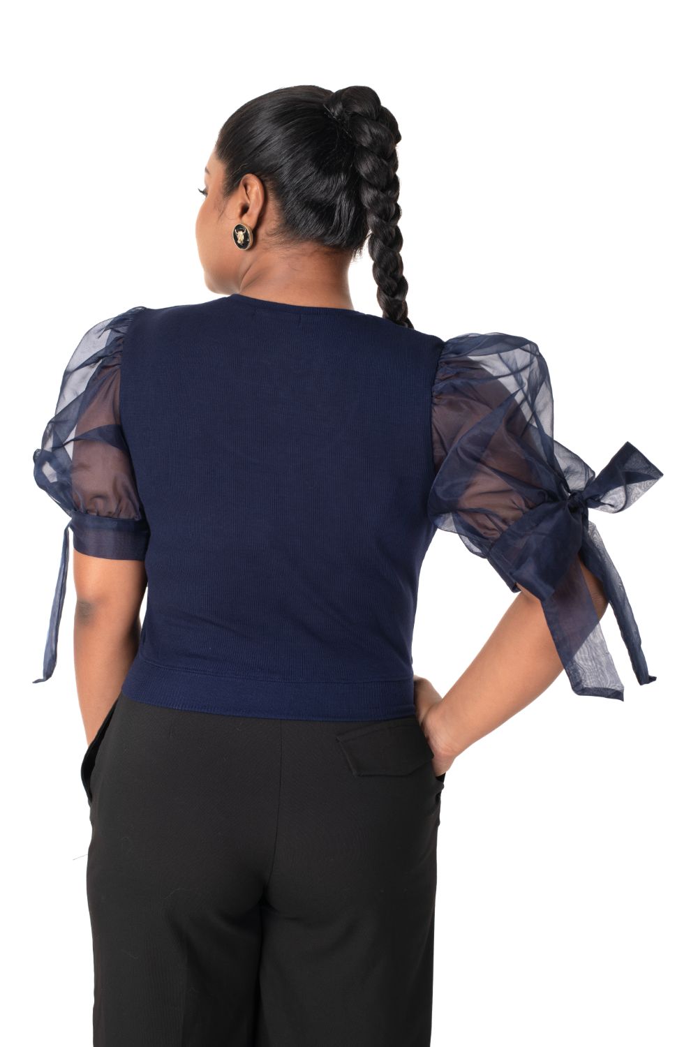 Round neck Blouses with Bow Tied-up Sleeves- Plus Size - Royal Blue - Blouse featured