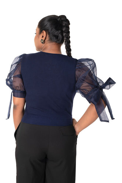 Round neck Blouses with Bow Tied-up Sleeves- Plus Size - Royal Blue - Blouse featured