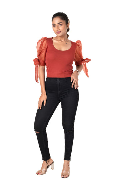 Round neck Blouses with Bow Tied-up Sleeves- Plus Size - Rust - Blouse featured