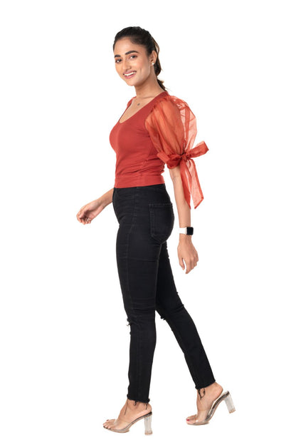 Round neck Blouses with Bow Tied-up Sleeves- Plus Size - Rust - Blouse featured