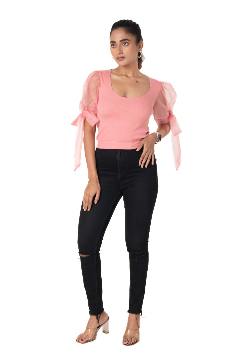 Round neck Blouses with Bow Tied-up Sleeves- Plus Size - Sakura Pink - Blouse featured
