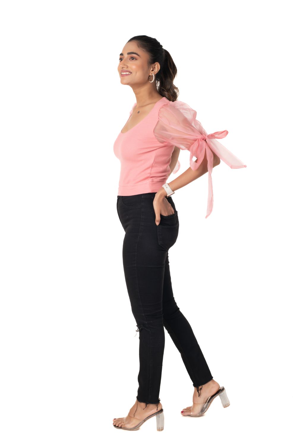 Round neck Blouses with Bow Tied-up Sleeves- Plus Size - Sakura Pink - Blouse featured