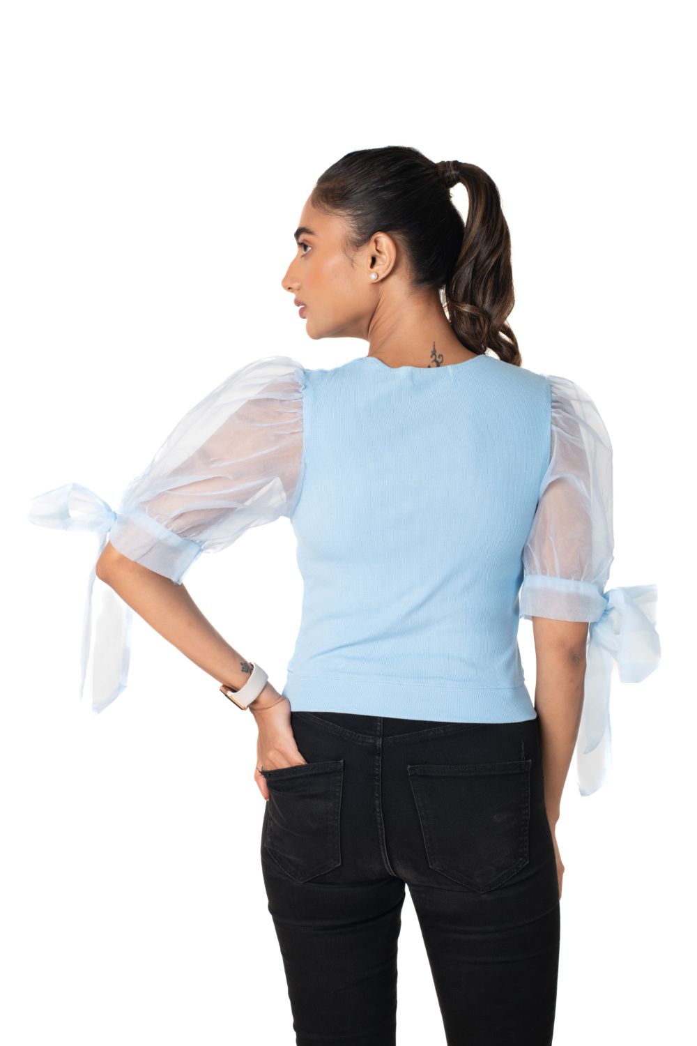 Round neck Blouses with Bow Tied-up Sleeves- Plus Size - Sky Blue - Blouse featured