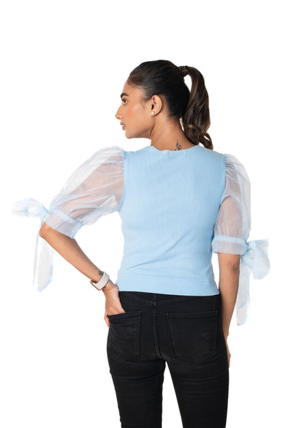 Round neck Blouses with Bow Tied-up Sleeves- Plus Size - Sky Blue - Blouse featured