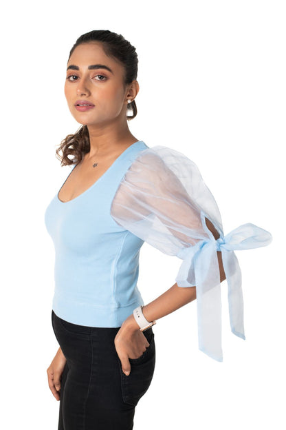 Round neck Blouses with Bow Tied-up Sleeves- Plus Size - Sky Blue - Blouse featured