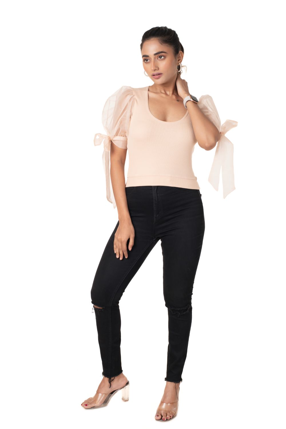 Round neck Blouses with Bow Tied-up Sleeves- Plus Size - Tan - Blouse featured