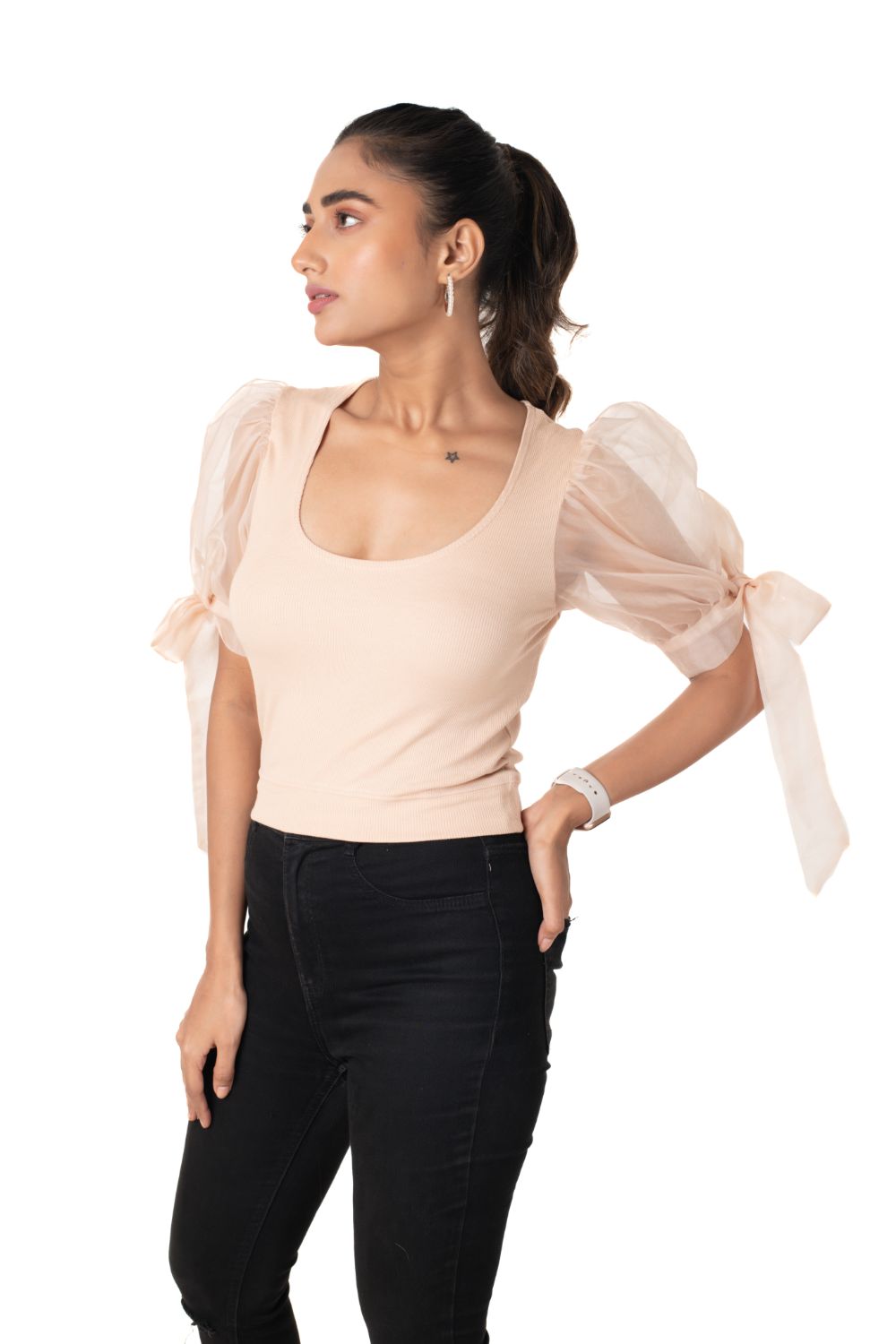 Round neck Blouses with Bow Tied-up Sleeves- Plus Size - Tan - Blouse featured