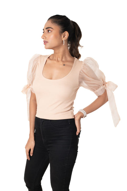 Round neck Blouses with Bow Tied-up Sleeves- Plus Size - Tan - Blouse featured
